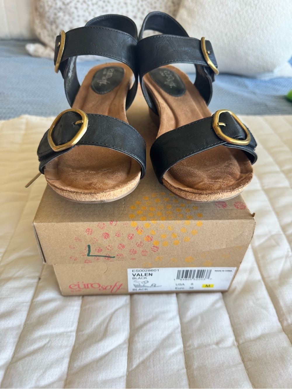 Valen Black Leather Wedge Sandals with Gold Buckles